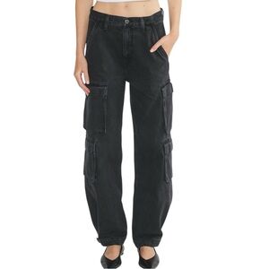 Denim Forum Millie Hi-Rise Cargo Jean 25 Charcoal Grey Black Wide Leg